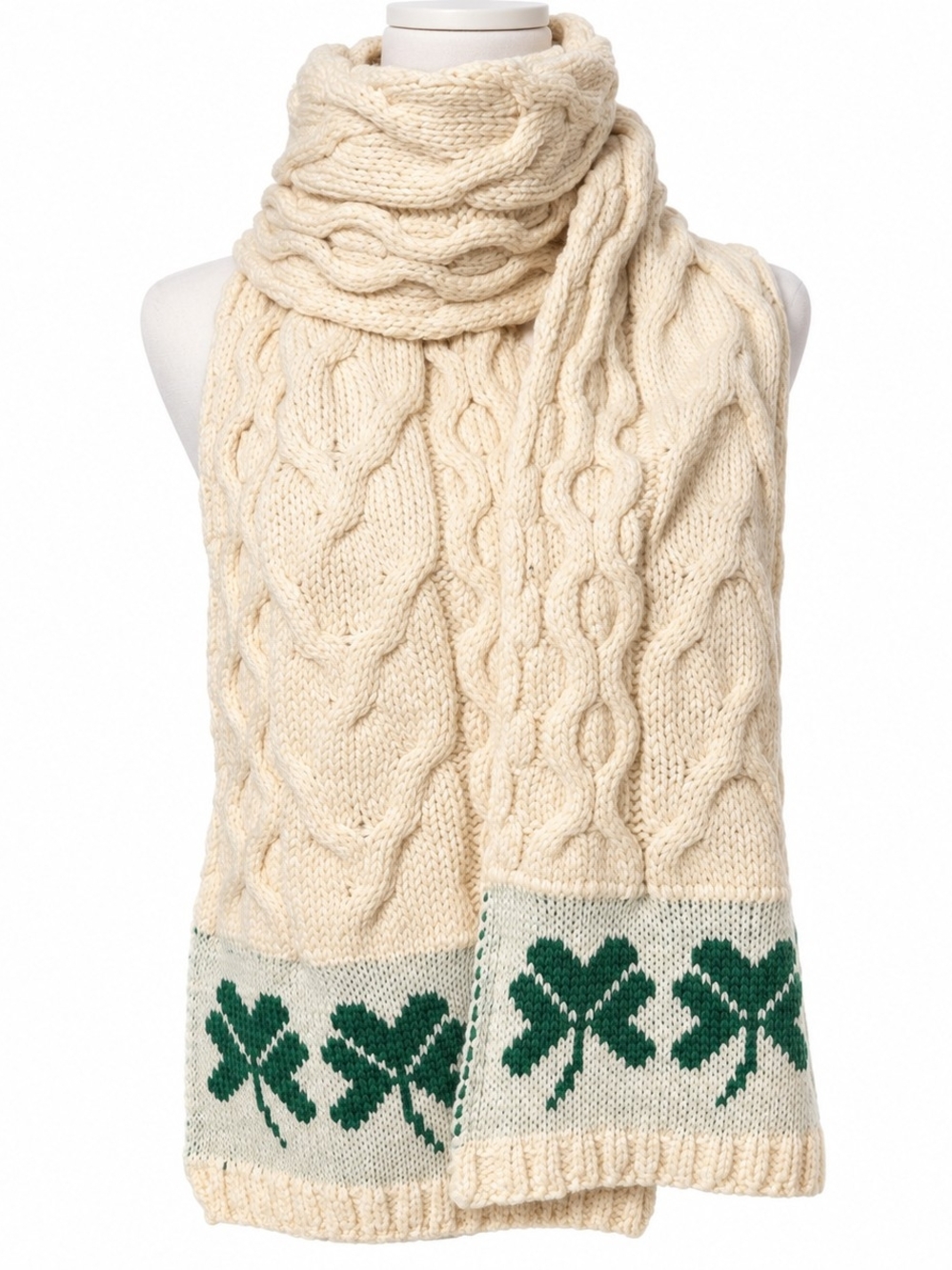 Irish 100%Merino Wool Cream Cable Knit Scarf 76x9" Green Clover Border